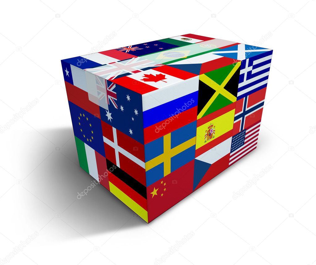 Global Shipping and worldwide delivery transport courier of international goods from internet sales and cargo transportation as a box with flags from across the