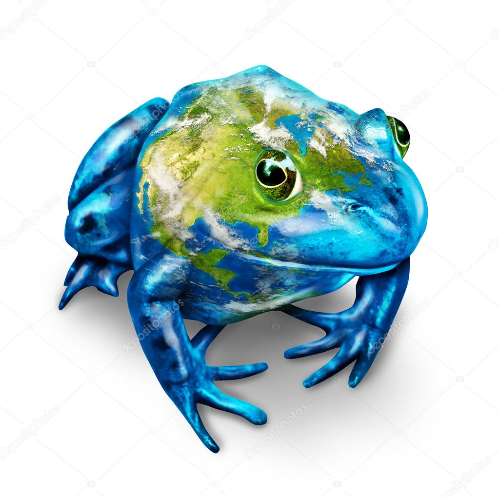 Global earth frog with a map of the planet as an environmental conservationsymbol for the protection of nature and all living things that are endangered due to pollution and toxic waste on a white background.