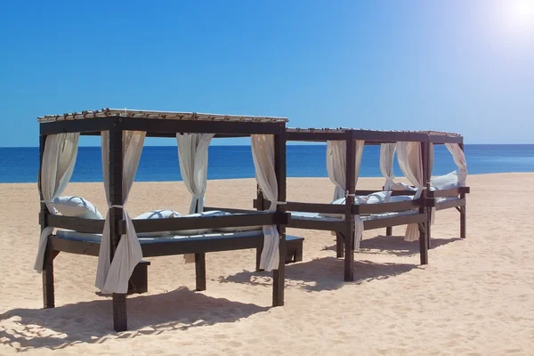 Camas de sol na costa de Portugal no Algarve. Vila Moura . — Fotografia de Stock