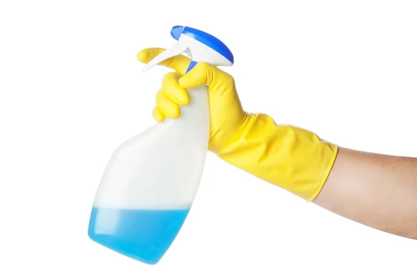 Chores - hand in yellow glove and spray. — Stock Photo, Image