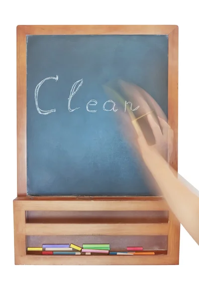 stock image Wiping-Cleaning the inscription on the chalkboard.