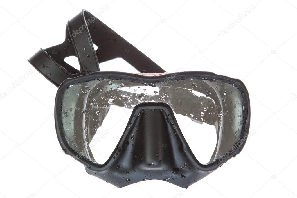 A black mask for scuba diving. On a white background.