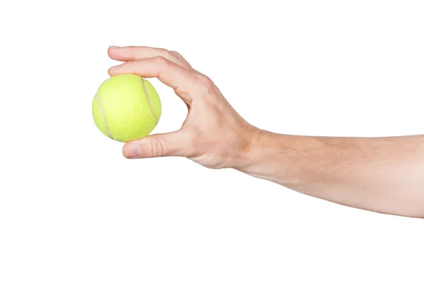 Bola de tênis na mão. sobre um fundo branco. — Fotografia de Stock
