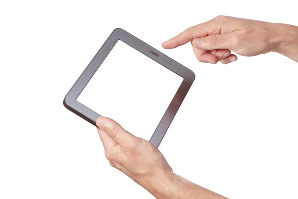 Das neue Tablet in der Hand auf weißem Hintergrund — Stockfoto