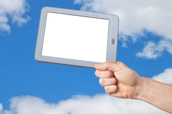 Tablet with a clean screen in his hand against the sky. — Stock Photo, Image