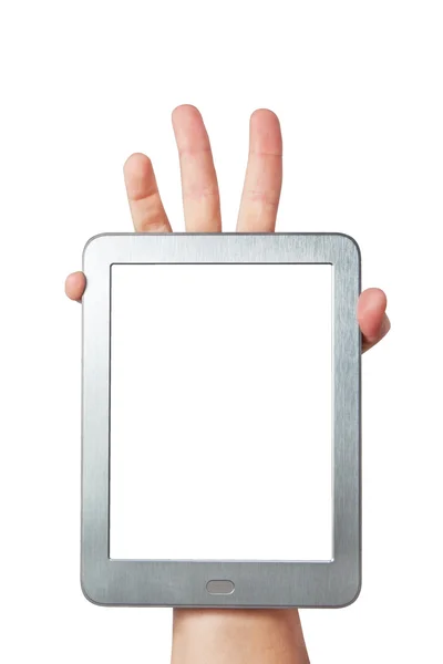Tablet with a clean screen in the palm of your hand on a white b — Stock Photo, Image