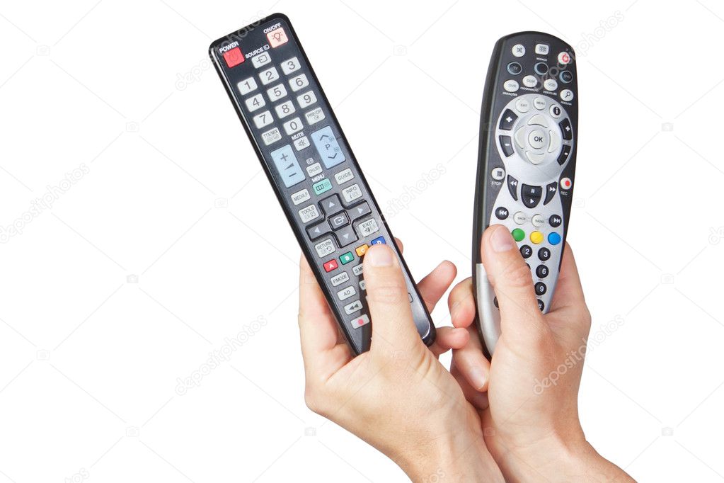 TV remotes in hands.