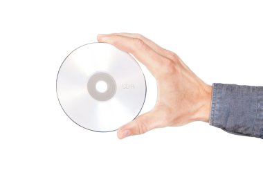 Elindeki disk cd. Beyaz bir arka plan üzerinde.