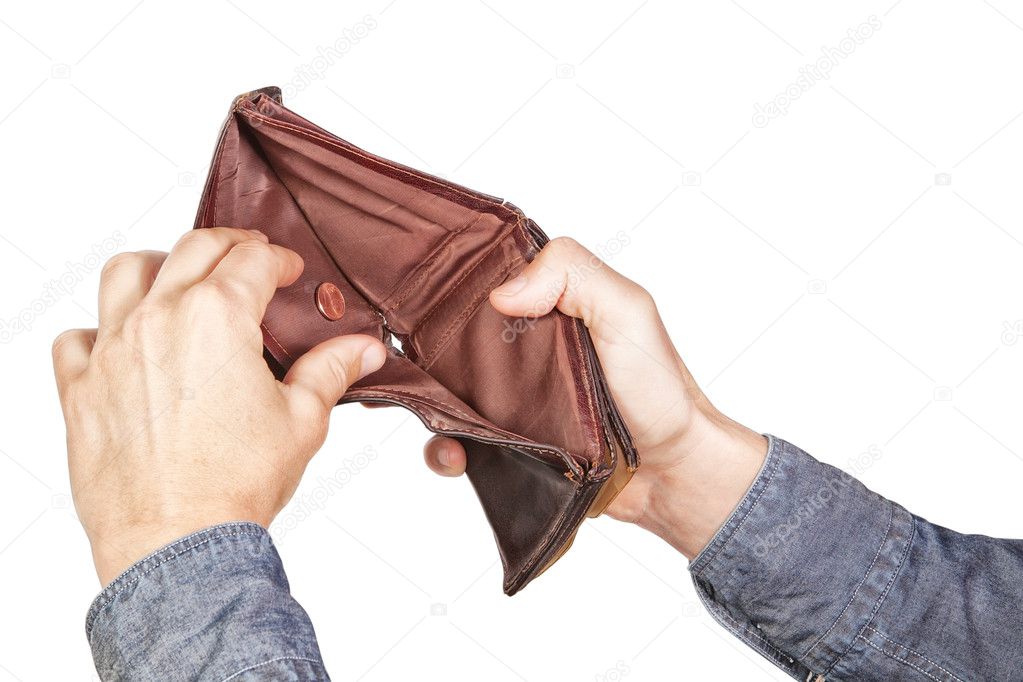 Empty wallet in his hands. On a white background.