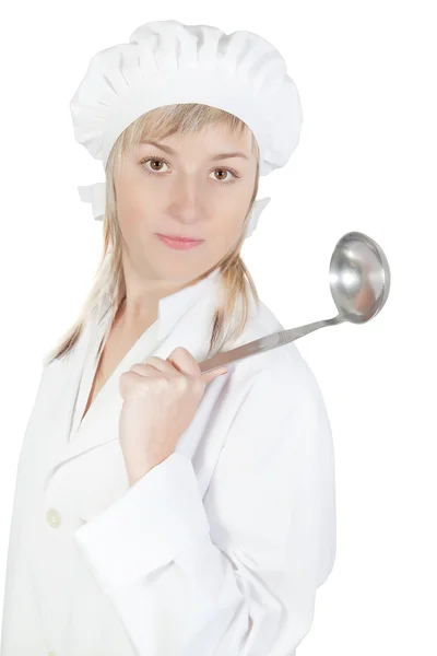 Девушка повар с ковшом. на белом фоне. — стоковое фото