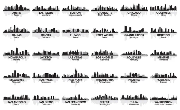 Απίστευτη σειρά των ΗΠΑ στον ορίζοντα της πόλης. 30 πόλεις. Εικονογράφηση Αρχείου