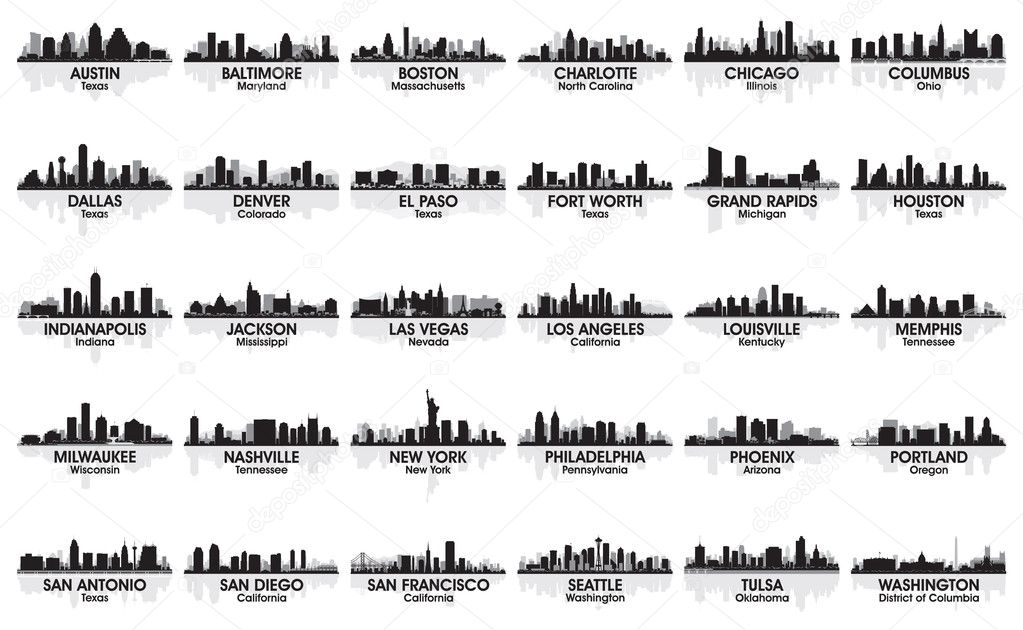 Incredible set of USA city skyline. 30 cities.