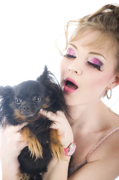 stock image Fashion portrait women with little dog