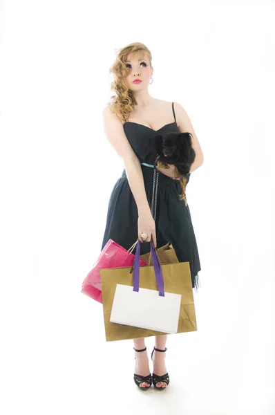 Unga glamorös blondin med shopping väska håller toy terrier hundar håller hund — Stockfoto