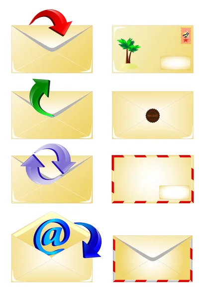 E-Mail und Pfeil-Umschlagsymbole isoliert auf weiß gesetzt — Stockvektor
