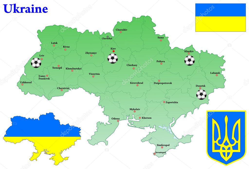 Ukraine map. Vector. Flag, Coat of arms.