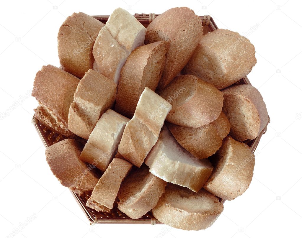 Top view of a bread basket with slices