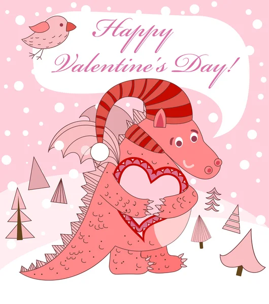 Valentine's day. Pink dragon with heart. — Stock Vector