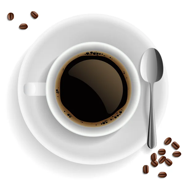 Taza de café negro con grano de café y cuchara . — Vector de stock