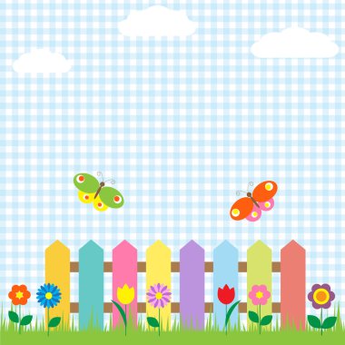 Colorful fence with flowers and butterflies clipart