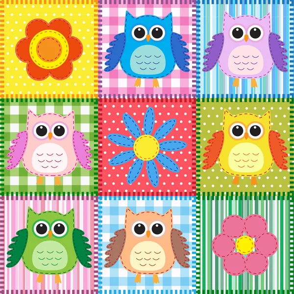 Patchwork background with owls — Stock Vector