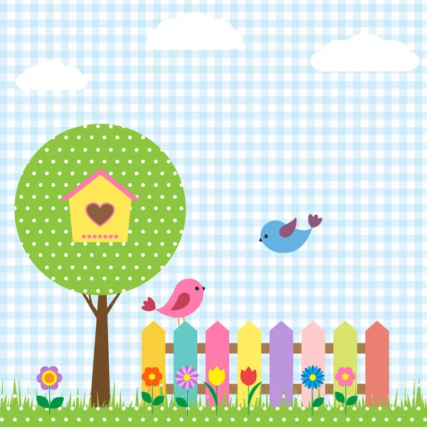 Oiseaux et nichoir sur arbre — Image vectorielle