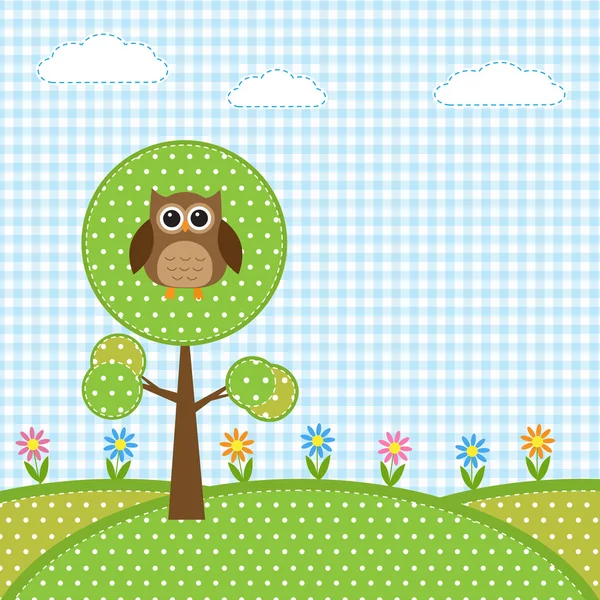 Hibou sur arbre et fleurs — Image vectorielle