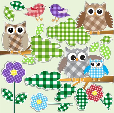 Owls and birds in forest clipart