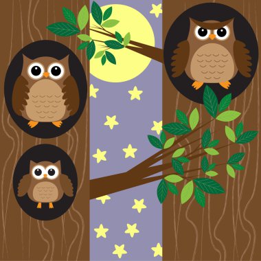 Family owls at night clipart