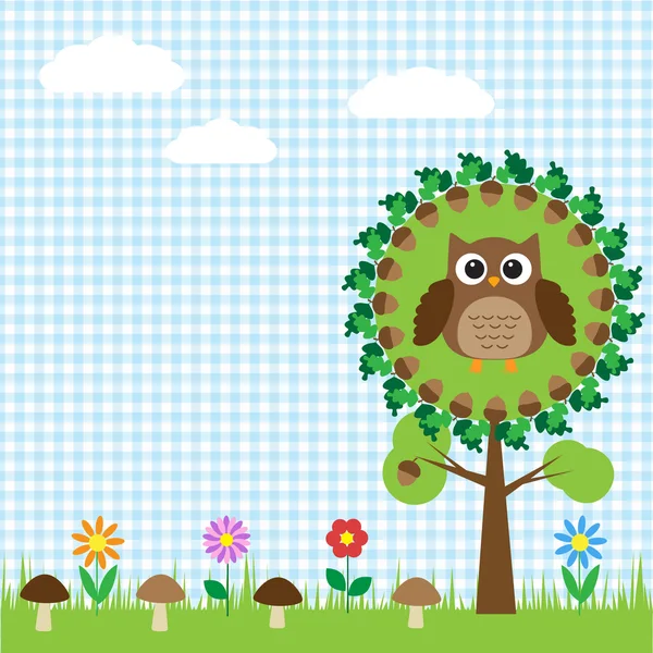 坐在橡树上的可爱猫头鹰 — 图库矢量图片