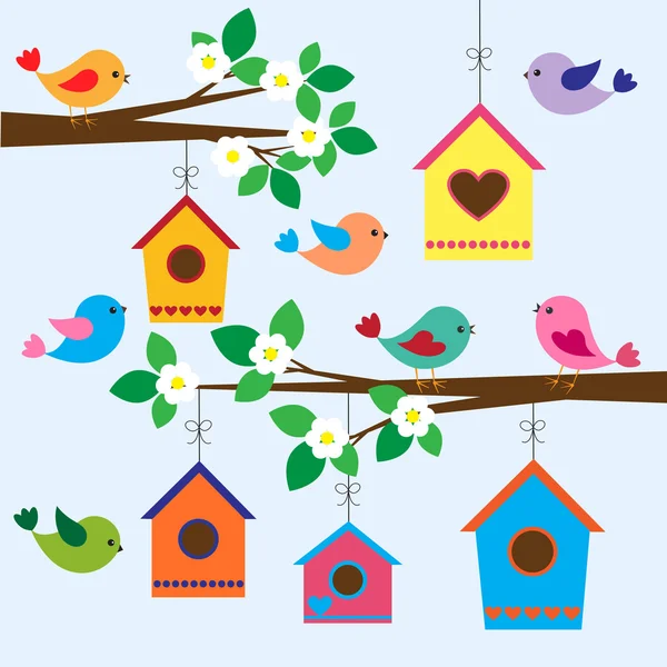 Birdhouses na primavera — Vetor de Stock