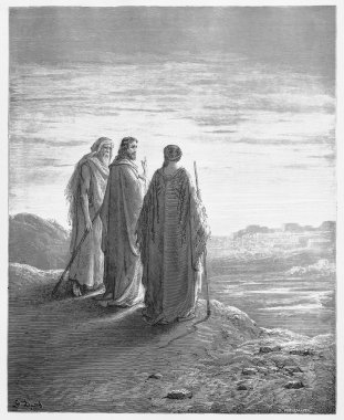 The disciples encounter Jesus on the road to Emmaus clipart