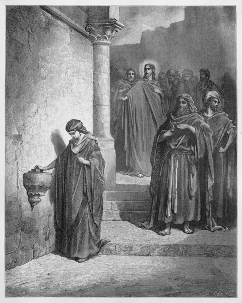 耶稣在殿里 ； 最后一天寡妇的捐赠 — 图库照片