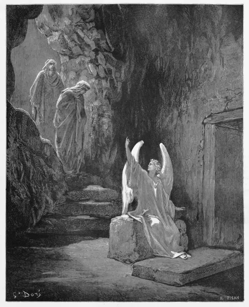 Um anjo anuncia às mulheres que Jesus ressuscitou — Fotografia de Stock