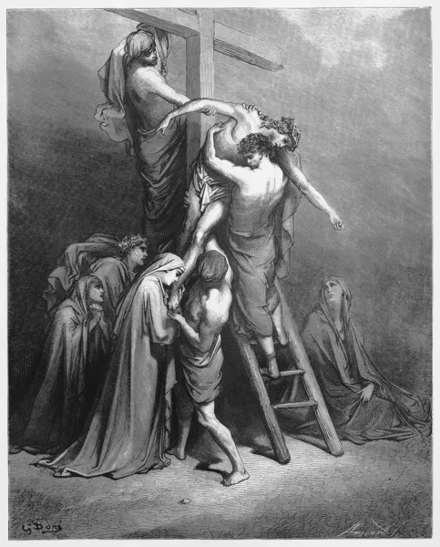 Josep von Arimathäa bringt Jesus vom Kreuz herab Stockbild