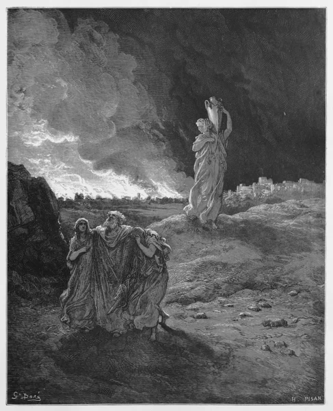 Lot and his family flee from Sodom — Stock Photo, Image