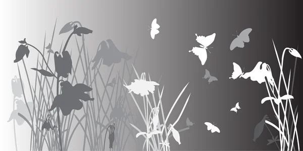 Квіти, трава і метелики в тумані Ліцензійні Стокові Ілюстрації