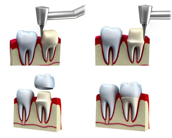 Dental crown installation process, isolated on white — Stock Photo, Image
