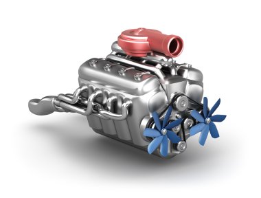 V8 engine with turbocharger over white clipart