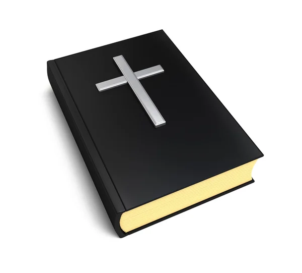 Libro della Bibbia e croce d'argento sul bianco — Foto Stock