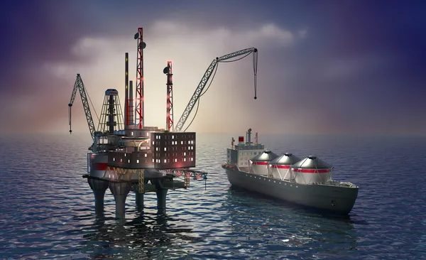 Plataforma de perforación en alta mar y petrolero — Foto de Stock