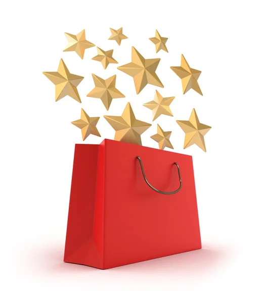 Kırmızı alışveriş çantası ve altın yıldız. beyaz izole — Stok fotoğraf
