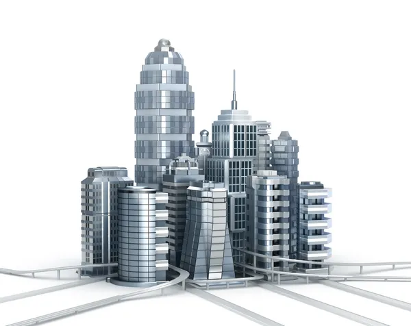 Skyscrapers and magistrals. Chrome city over white — Stock Photo, Image