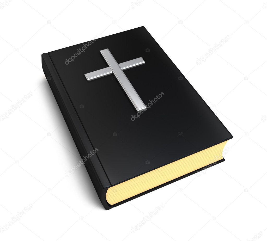Bible book and silver cross over white
