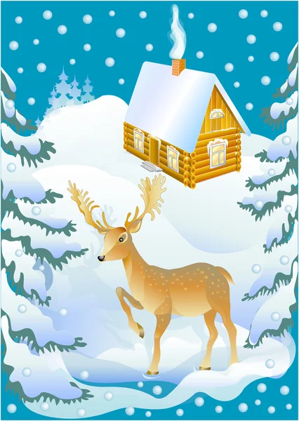 Deer and the winter house — Stok Vektör