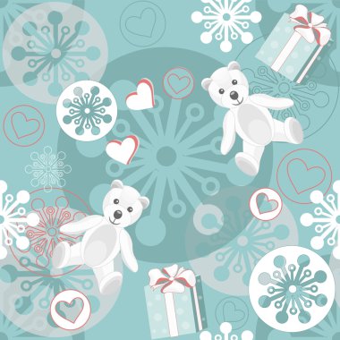 Teddy and gifts. Vector colorful pattern background.