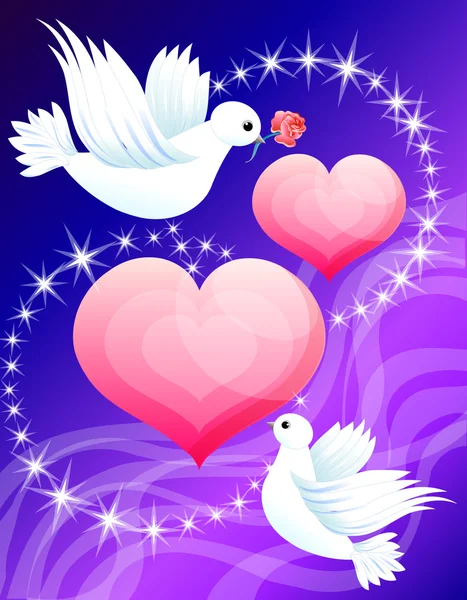 Два сердца и влюбленные голуби — стоковый вектор