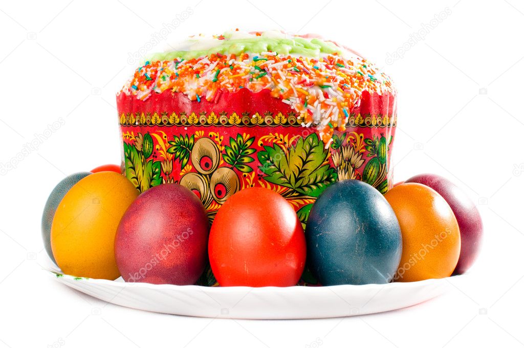 Easter eggs and cake on big plate