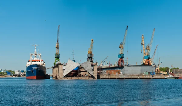 Shipyard with ships panorama — Stock Photo, Image
