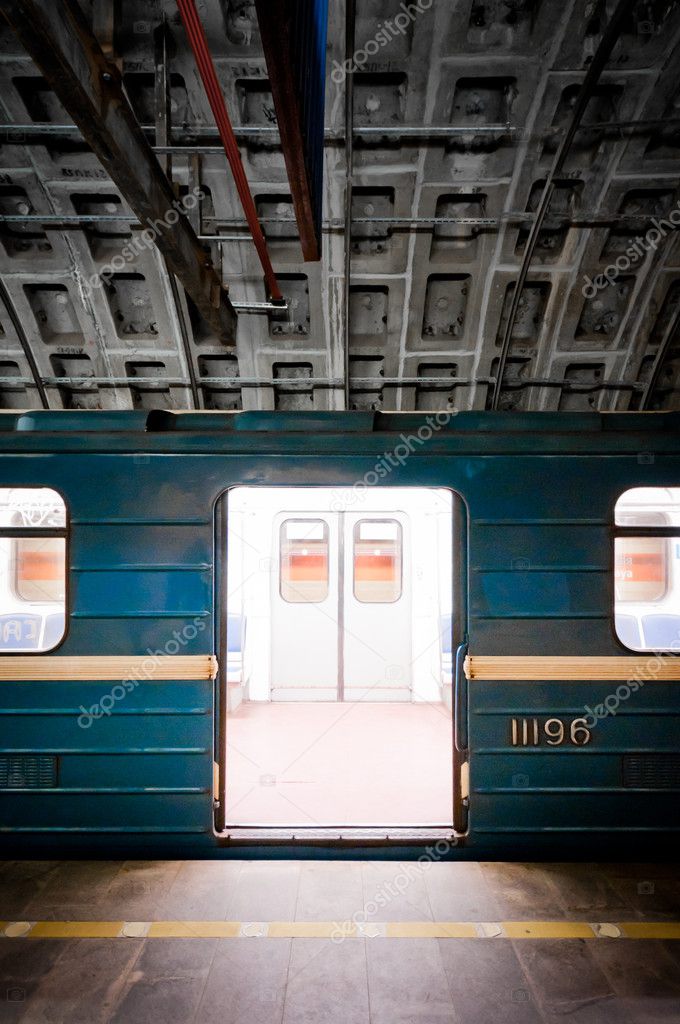 Subway train in dark tunnel
